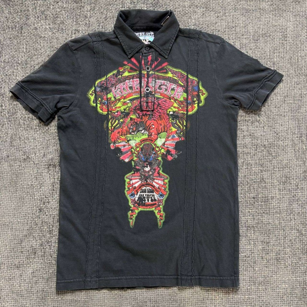 ENERGIE Graphic Polo Shirt Mens Small Black Y2K Cyber Grunge Made in Italy